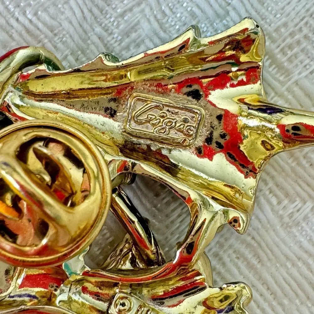 Lot of 4 Gold Enamel Christmas Brooches Pin Signed Vintage Jewelry Angels 1990s